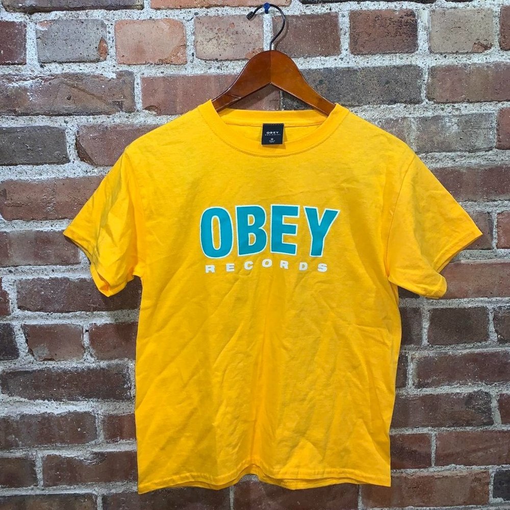 New Blue Obey Worldwide Records - Yellow T shirt - Size Medium Front Graphic